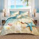 Bedbay California King Comforter Set Beach Themed Bedding California King Beach Decor Coastal Beach Starfish Pattern Oversized 3 Pieces Ocean Quilt Comforter Set(104" Wx96 L)