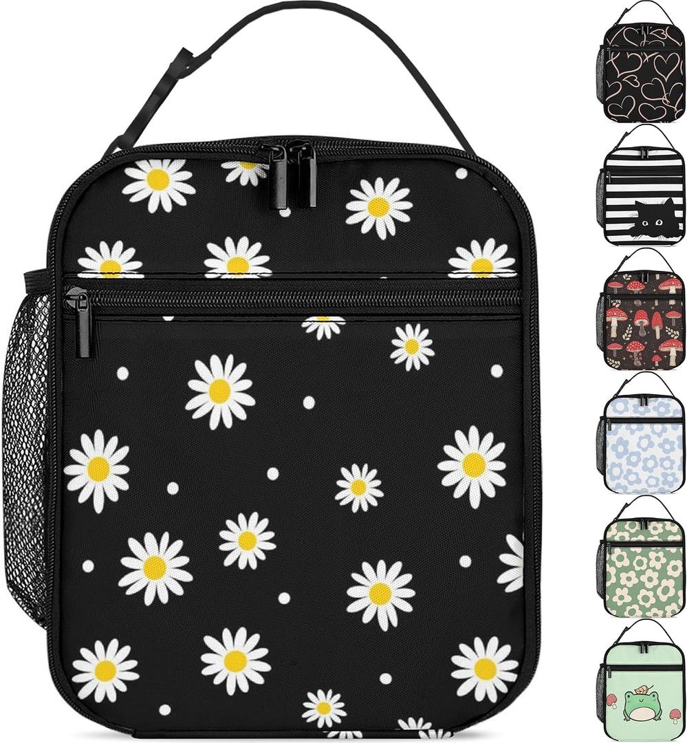 Lunch Box Girls Insulated Lunch Bag for Kids, Black Daisy Flower | Reusable Lunchbox, Lunch Tote Bag, Water Bottle Holder, Leak-Proof Lining, Lightweight, Portable, For School Office Picnic
