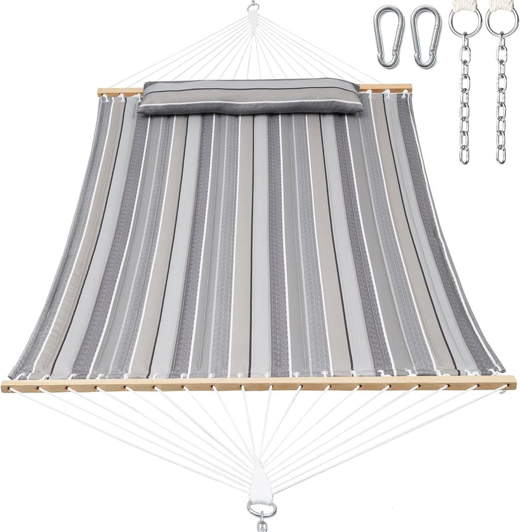 GAFETE Hammock 2 Person Quilted Fabric Hammocks for Outside, Double 12ft Hammocks with Spreader Bar, Large Removable Pillow, Storage Bag, Carabiners, Max 475 lbs Capacity (Peace Dove Grey)