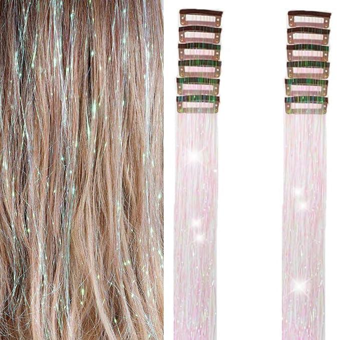 Hair Tinsel 12 Pcs Clip in Hair Tinsel Kit for Girls 22 Inch Glitter Fairy Tinsel Hair Extensions Colorful Heat Resistant Party Festival Accessories for Women Kids (Glare White)