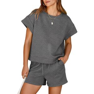 Dokotoo Women's 2 Piece Outfits Sweatsuit Casual Short Sleeve Pullover Tops and Drawstring Shorts Pants Lounge Sets (Gray, M)