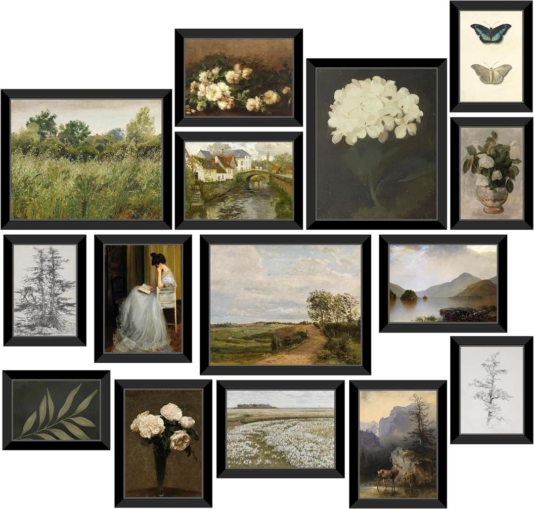 LANCHI95 Framed Vintage Wall Art Set of 15 – Gallery Wall Decor for Living Room & Bedroom, Moody Antique Botanical & Landscape Prints, Farmhouse French Country Aesthetic Wall Decor