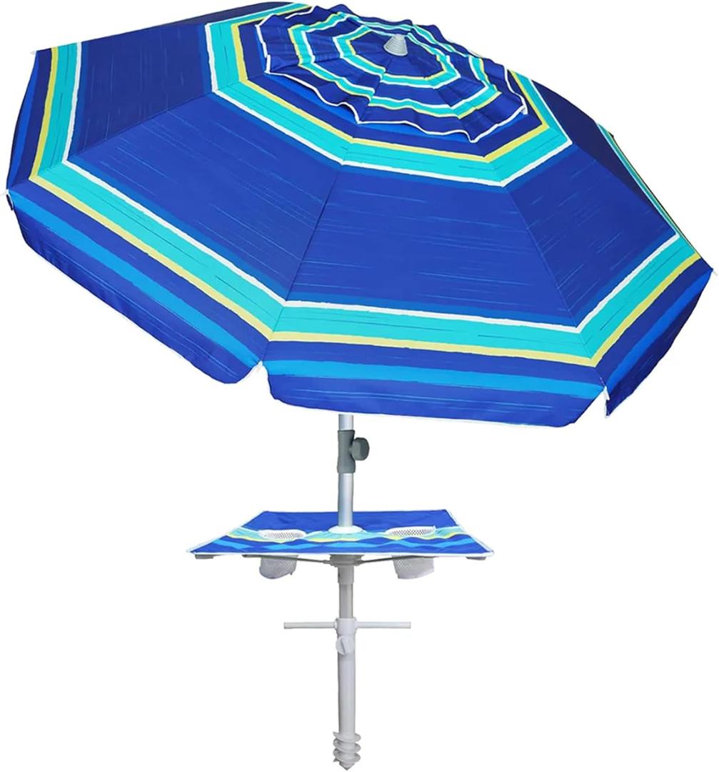 AMMSUN 7ft Heavy Duty High Wind Beach Umbrella with Sand Anchor, Built-in Table Tray Vent Tilt Pole, UPF 50+ Windproof Portable Outdoor Umbrellas Carry Bag for Patio Garden Pool Backyard Stripe