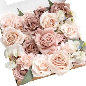 Ling's moment Fake Flowers Box, Faux Artificial Greenery Stems Foam Roses Gardenia Silk Sweat Pea Fabic Flower for Centerpieces Bouquet Wedding Vase Decorations, Dusty Rose & Cream, Grand Combo