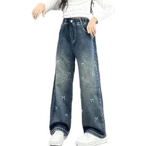 SHHYJUN Girls Bow Patterned Baggy Wide Leg Jeans Elastic Waist Casual Washed Denim Pants Age(Wide Leg 15, 12-13 Years)