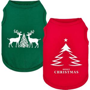 Vehomy 2-Pack Christmas Dog Shirt Cotton Dog Shirts with Patterns of Christmas Treen Elks Pet Holiday Outfit Puppy Xmas Clothes Sleeveless T-Shirt for Small Medium Large Dogs 4XL