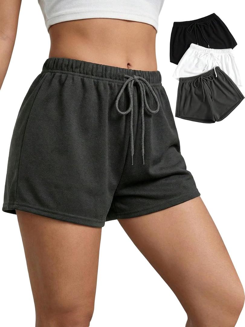 Women's 3 Pack Drawstring Pajama Shorts Summer Elastic Waist Straight Leg Mini Sleep Bottoms Loungewear (M)