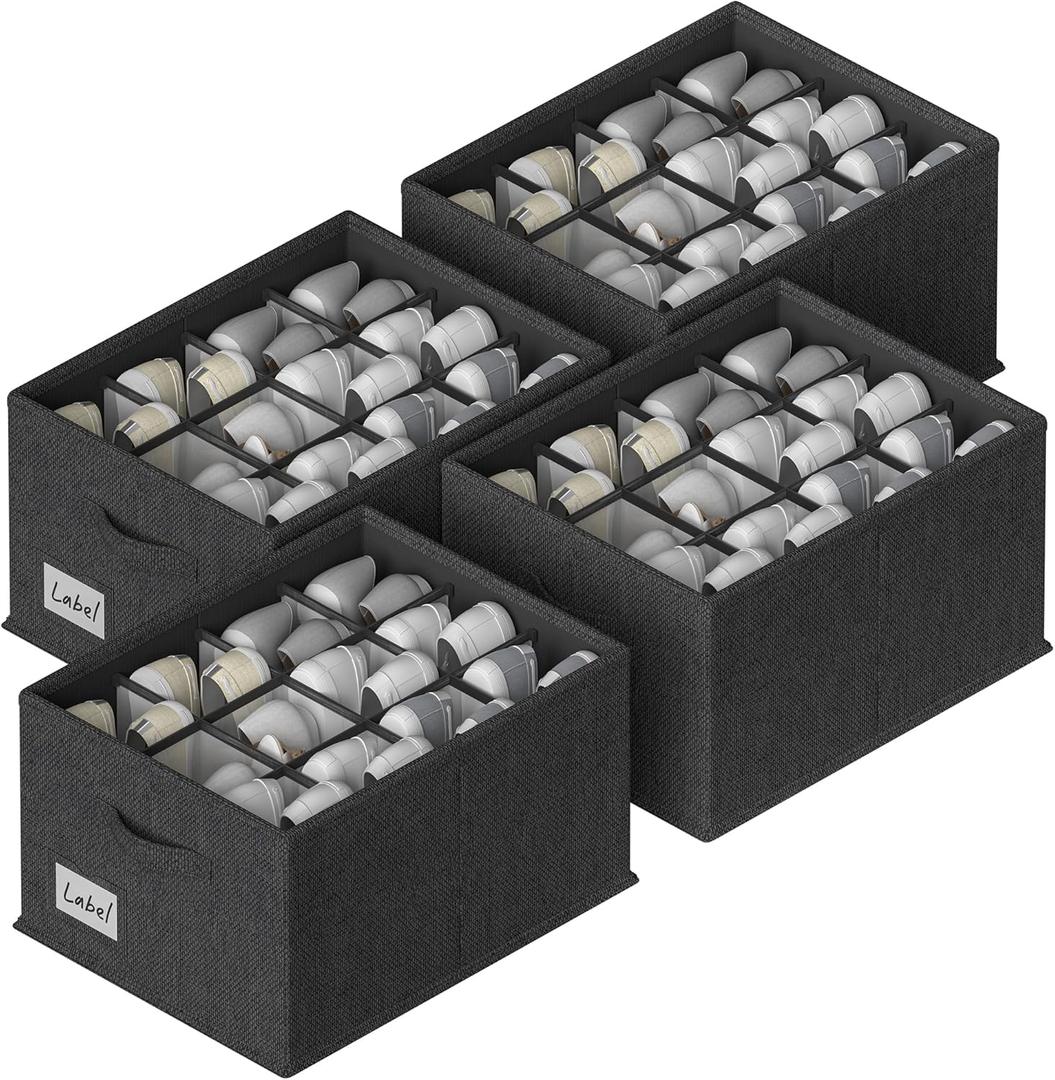 FHSQX 4 Pack Shoe Organizer for Closet,Foldable Shoe Organizer,Fits up to 48 Pairs, Storage Containers With Bottom Support for Shoes (Black, (16.5 * 12.6 * 9.5) x4)