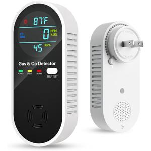 Carbon Monoxide Detectors & Natural Gas Detector, 4-in-1 Carbon Monoxide Detectors Plug in, Gas Leak Detector with Dual Alarms, Temperature & Humidity Sensor for Home, RV, Black, 1 Pack