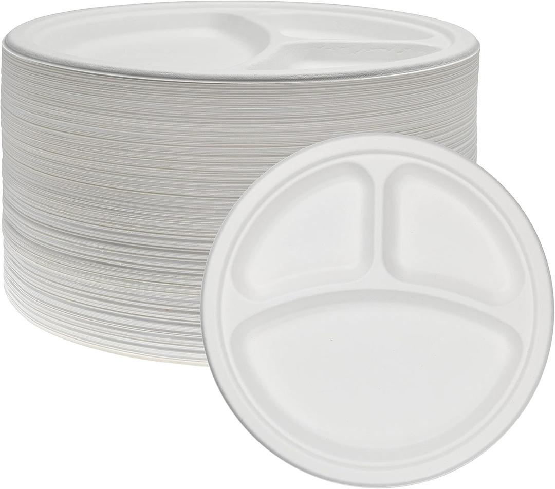 NYHI Heavy Duty Compartment Plates | 9 inch Disposable 3 Compartment Divided Plates For Adults & Kids | White Eco Friendly Sugarcane Paper Plate Are Cut & Leak Resistant | 500 CT (3 Compartment)