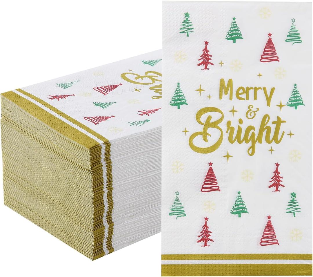Tamone 100PCS 3-Ply Christmas Napkins - Green and Red Christmas Tree Napkins Disposable Gold - Premium Quality Dinner Napkins Soft and Absorbent