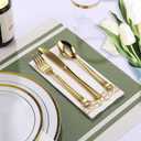 FOCUSLINE 350 Ct Disposable Dinnerware Set for 50 Guests -Heavy Duty Plastic Plates with Gold Rim, Includes 50 Dinner & Salad Plates, Cups, Napkins, Cutlery Set