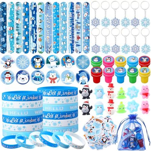 Blosssound 134 Pcs Winter Gift Bags Stuffers Winter Snowflake Theme Slap Bracelets Mochi Balls Stampers Badges Keychains Stickers Bags for Holiday Goodie Bags Items Classroom Rewards