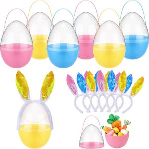 Foilswirl 6 Set 10 Inch Jumbo Easter Egg Plastic Fillable Giant Large Easter Eggs with Handles Rabbit Headband Colorful Big Egg Bucket Stuffers for DIY Hunt Decoration Party Supplies(Pure Color)