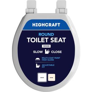 HIGHCRAFT Premium Round Toilet Seat with Slow-Close Design & Adjustable Hinges - Molded Wood Toilet Seat - Fits Standard Round Toilets - Round Seat in White