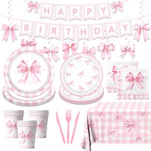Coquette Birthday Decorations-178Pcs Pink Bow Plates and Napkins Kit Girls Birthday Party Supplies,Pink Bow Theme Tableware Serves 24