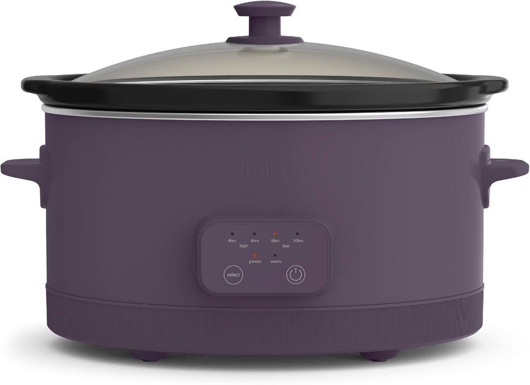 bella 6.0 Qt Programmable Slow Cooker, Ceramic Nonstick Coating, Adjustable Temperature & Cooking Times, Dishwasher Safe Stoneware Pot & Tempered Glass Lid, Tangle Free Cord Wrap, Plum