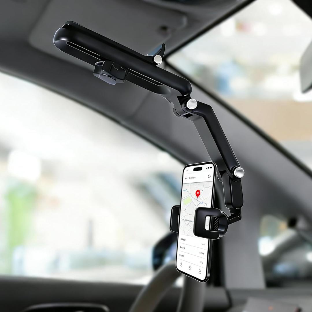 Sun Visor Phone Holder, 360 Rotatable and Extendable Car Phone Holder, 1080 Multifunction Rear View Mirror Mobile Mount Hands-FreeCompatible with Most Smartphones (Grey)