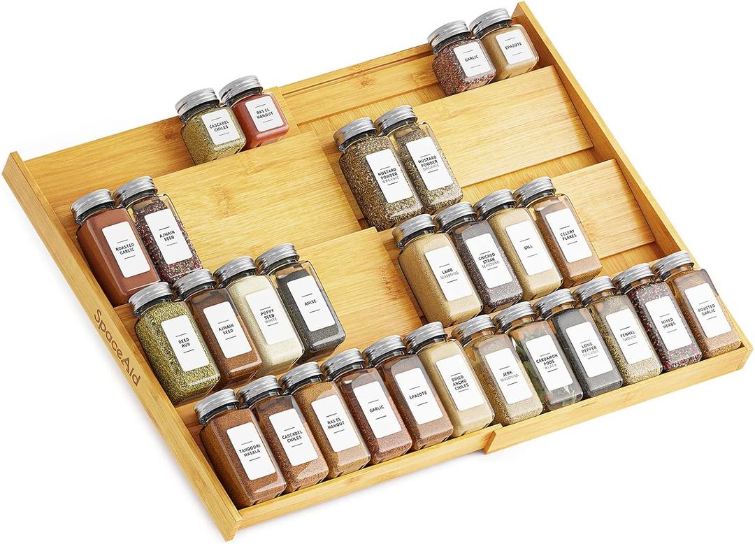 SpaceAid Bamboo Spice Drawer Organizer, (Need 3" Deep Drawer) Expandable 4 Tier Spices Rack for Cabinet, Kitchen Seasoning Storage Insert (Jars Not Included, From 12" to 23" Wide) (Natural)