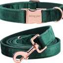 ARING PET Velvet Dog Collar and Leash Set, Soft Dog Collar and Leash, Adjustable Collars for Dogs (Medium, Dark Green)