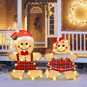 Joliyoou Christmas Yard Decoration, Set of 2 Pre-lit Gingerbread Man with 50 Warm White Lights, 2D Gingerbread Man Couple for Xmas Front Door Indoor Outdoor Lighted Holiday Displays