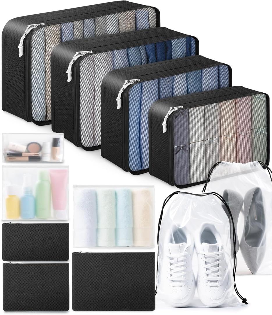 ALL INCLUDED - 12 Set Packing Cubes for Suitcases Carry On, Travel Essentials/Accessories Luggage Organizer Bags Set, Includes Cubes, Shoes Bag, Matte Cosmetic Bag, Zipper Bags (Black)