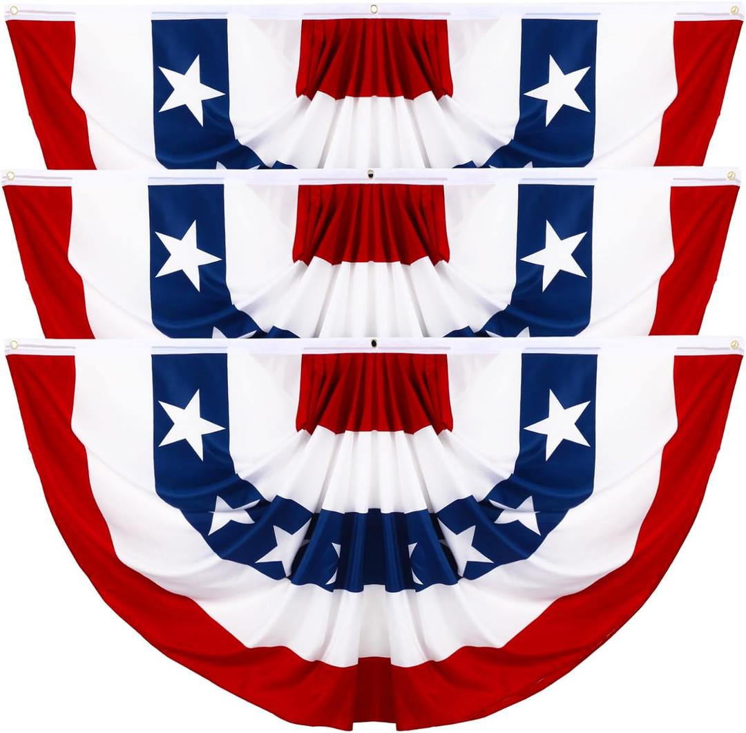 6 Pack USA Patriotic Pleated Fan Flag Set - 1.5x3 Ft American Bunting Flags with Sewn Stripes, Brass Grommets - Memorial Day Independence Day 4th of July Outdoor Decorations