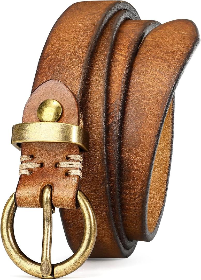 SANSTHS Womens Genuine Leather Belts for Jeans Pants Trendy Vintage Thin Leather Belt Gold Buckle Ladies Skinny Waist Belt (Brown)