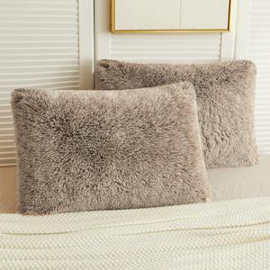 LIFEREVO 2 Pack Shaggy Plush Faux Fur Pillow Shams Velvet Reverse,20"x36" Fluffy Decorative Pillowcases with Zipper Closure for Couch,Sofa,Bed(Ombre Khaki,King)