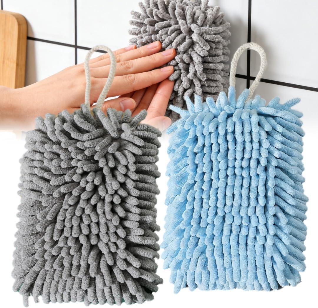 Microfiber Chenille Hand Towel, Soft Hanging Absorbent Quick Dry Towels 2Pcs Kitchen, Bathroom Hand Drying Cleaning with Creative Decoration Towel Set. (Grey+Blue)