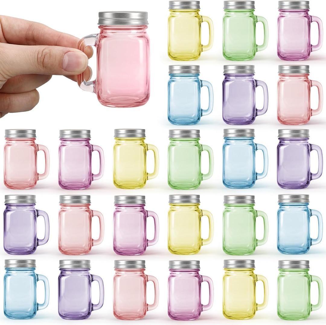 Yungyan 24 Pcs Mini Mason Jars Shot Glasses with Lids 1.7oz/50ml Colorful Reusable Glass Jars with Handles for Party Favors, Wedding, Baby Shower, Drink, Dessert, Condiments, Jams, Candle, DIY Crafts