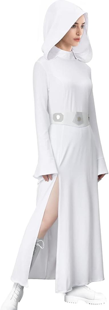 MORROWIND Women Costume White Hooded Long Dress Robe with Belt Halloween Cosplay Party Outfit Suit (Small)