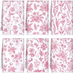 Boyiee 6 Sets Vintage Flower Kitchen Towels Pink and White Wildflower Dish Cloth Absorbent Retro Floral Tea Hand Towels Decorative Set 24"x16" for Farmhouse Kitchen Bathroom Housewarming Gift