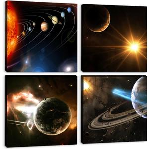 Universe Starry Sky Wall Art Outer Space Planet Canvas Decoration Paintingfor Bedroom, Living Room, Bathroom Decor Posters for Kids, Boys or Girls Room Home Decoration,12"x12" 4Framed (yellow)