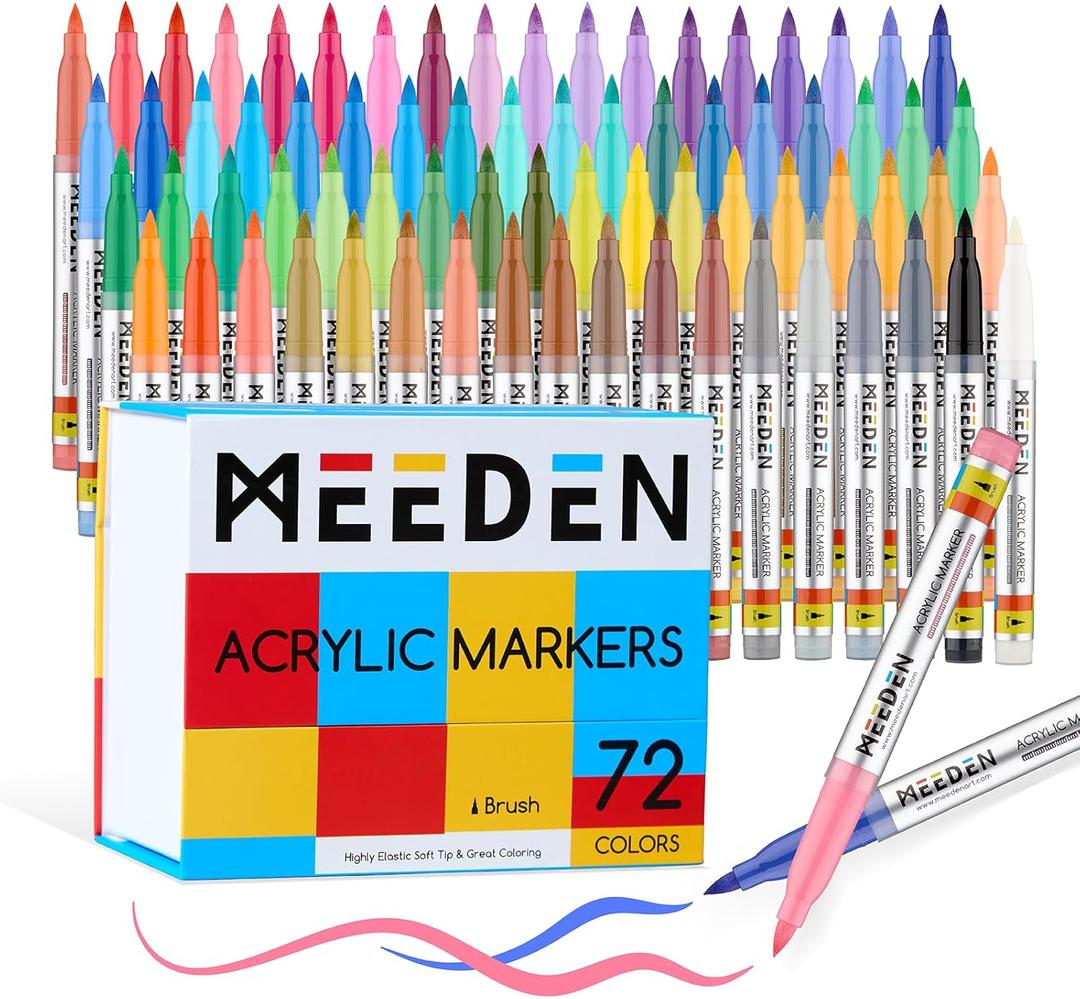 MEEDEN Acrylic Paint Marker Brush Tip: 72 Colors Large Capacity Acrylic Markers with Automatic Ink Control for DIY Art Crafts - Waterproof Paint Pens for Rock, Wood, Glass, Fabric, Ceramic, Metal