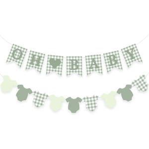 Green Gingham Baby Banner Sage Plaid Welcome Baby Shower Sign Decoration Clothesline Onesie Garlands Gender Neutral Party Supplies