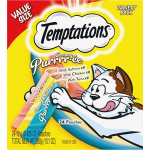 Temptations Creamy Puree Variety Pack of Squeezable Cat Treats, 0.42 oz. Tubes, 24 Count