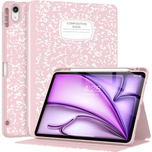 Supveco Case for iPad Air 11 Inch (M3 2025/M2 2024),iPad Air 5th/4th Generation 10.9 Inch 2022/2020 with Pencil Holder-[Auto Wake/Sleep],Premium Folio Stand Soft TPU Back Cover-Book Pink