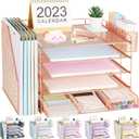 Desk Organizer, 5-tier Paper Letter Tray Organizer with File Holder + Drawer + Pen Holder, Desk Organizers and Accessories for Woman, Office Organization for Office Supplies(Rose Gold)