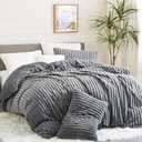 Nayoroom Fluffy Faux Fur Duvet Cover King Size Velvet Flannel Gray Striped Reversible Comforter Cover Winter Warm 3 Pcs Luxury Soft Shaggy Plush Fuzzy Bedding Set with Zipper Closure
