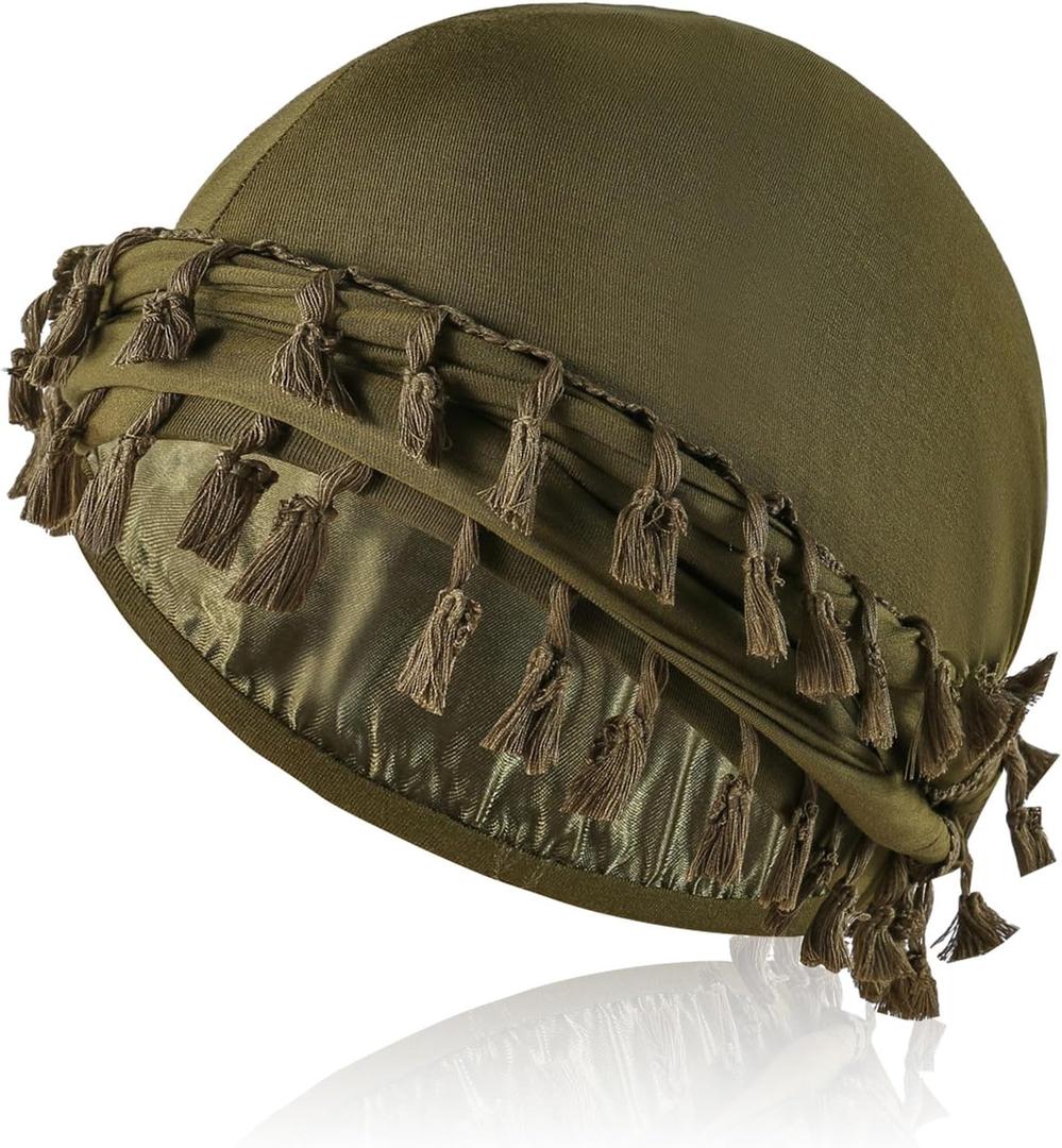 Satin Lined Turban with Long Twist Straps Tassels Silky Head Wraps for Men Women Halo Head Scarf Sleeping Bonnet