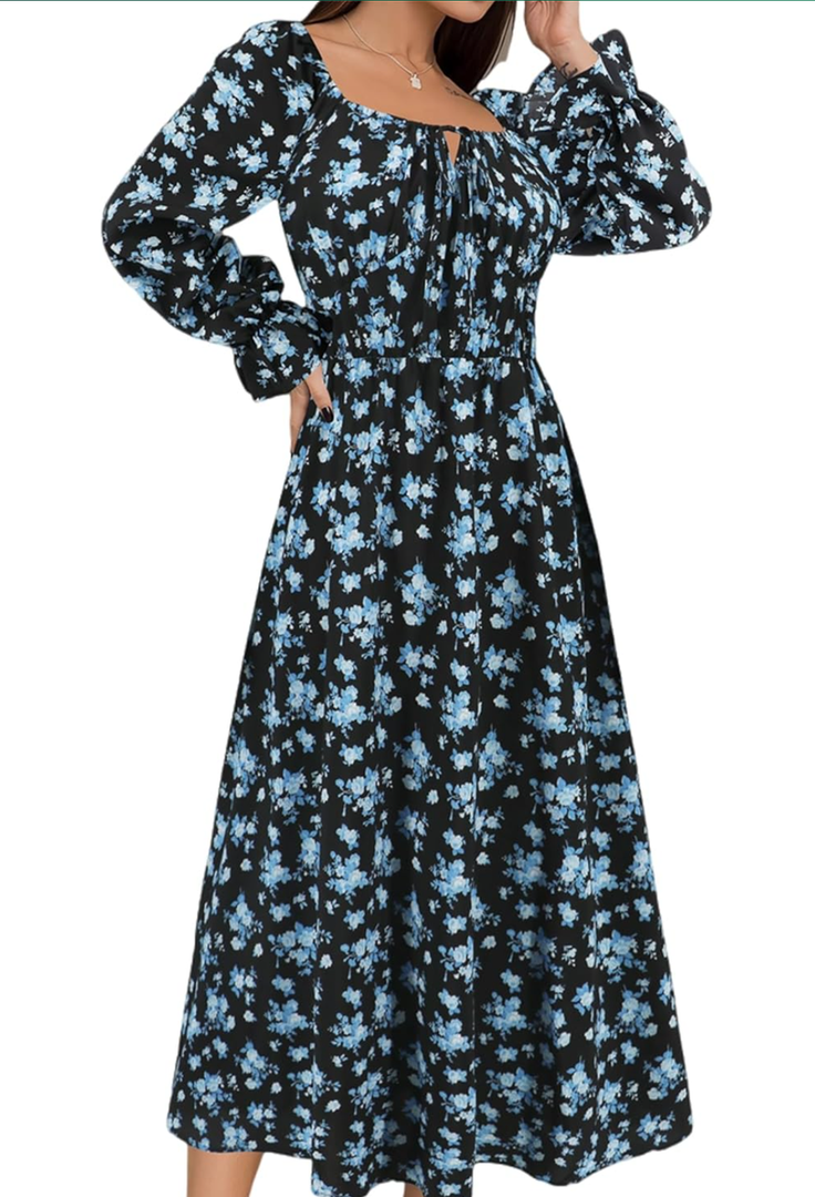 Womens Square Neck Long Sleeve Fall Casual Dresses Smocked Casual Midi Fall Dress A-Line Flowy Long Dress(Blue,Medium)