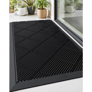 DEXI Front Door Mats Outside Entrance, 17x36 Rubber Waterproof Dirt Trapping Entry Mat for Entryway, Heavy Duty Non-Slip Low-Profile Welcome Doormat All Weather for Patio, Black (Charcoal)