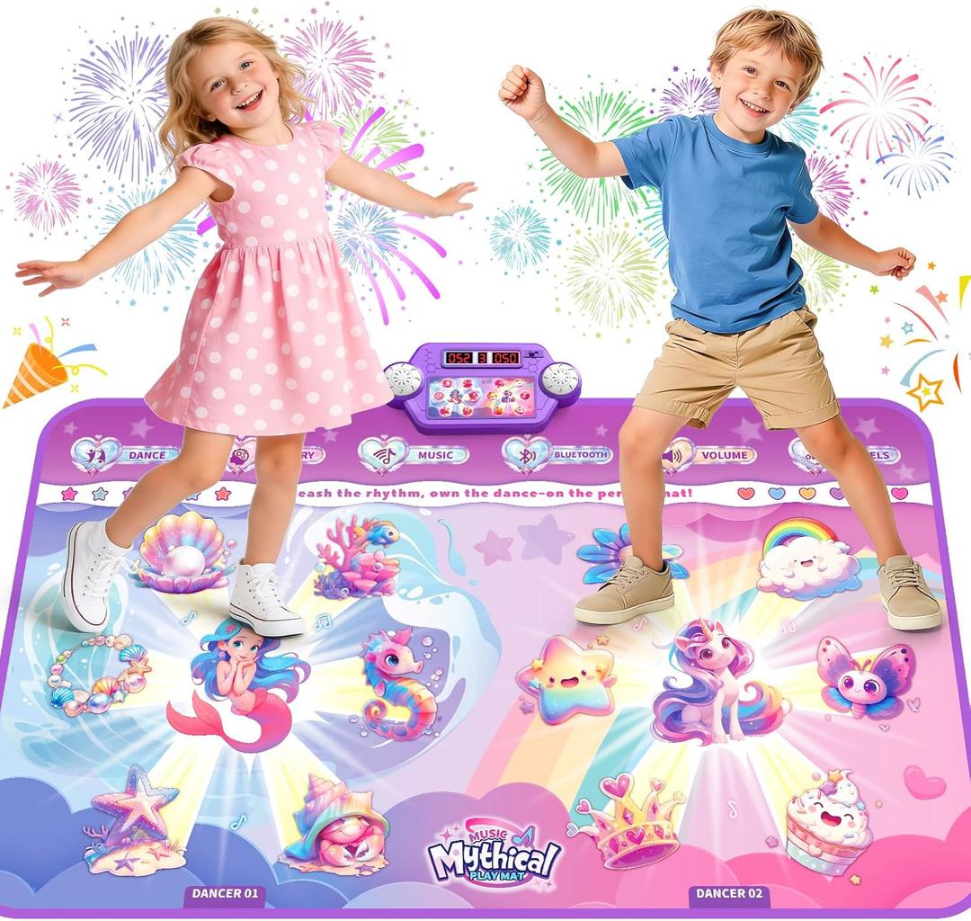 Extra Large Mermaid&Unicorn Dance Mat for Kids, Light-up 12-Button Dancing Mat with Wireless Bluetooth, Pink Dance Pad Christmas Birthday Gifts Ideas Toys for Girls Kid Ages 4-8, 8-12