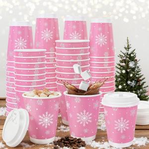 60 Pcs 12 Oz Pink Christmas Coffee Cups with Lids Snowflake Winter Wonderland Disposable Cups Insulated Paper Cups Togo Cups for Hot Chocolate Water Tea Xmas Holiday Birthday Party Supplies