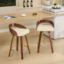 Bar Stools Set of 2, Swivel Bar Height Stools with Low Back, Beige PU Leather Cushion, 25-Inch Seat Height, Mid-Century Modern Design, Walnut Finish
