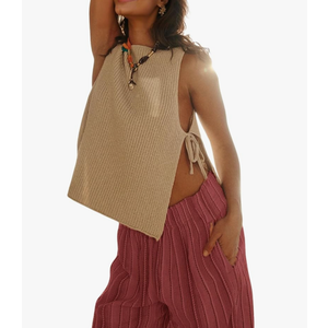 Womens Spring Summer Sleeveless Side Tie Sweater Top Stylish Ribbed Knit Dropped Tank 2025, Size: S