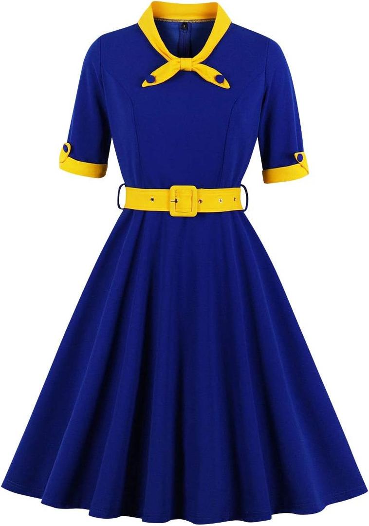 1950s Dresses for Women Vintage Rockabilly Retro Short Sleeve Tie Midi Dress Cocktail Party Evening Prom Gown (Small, Royal Blue+yellow)