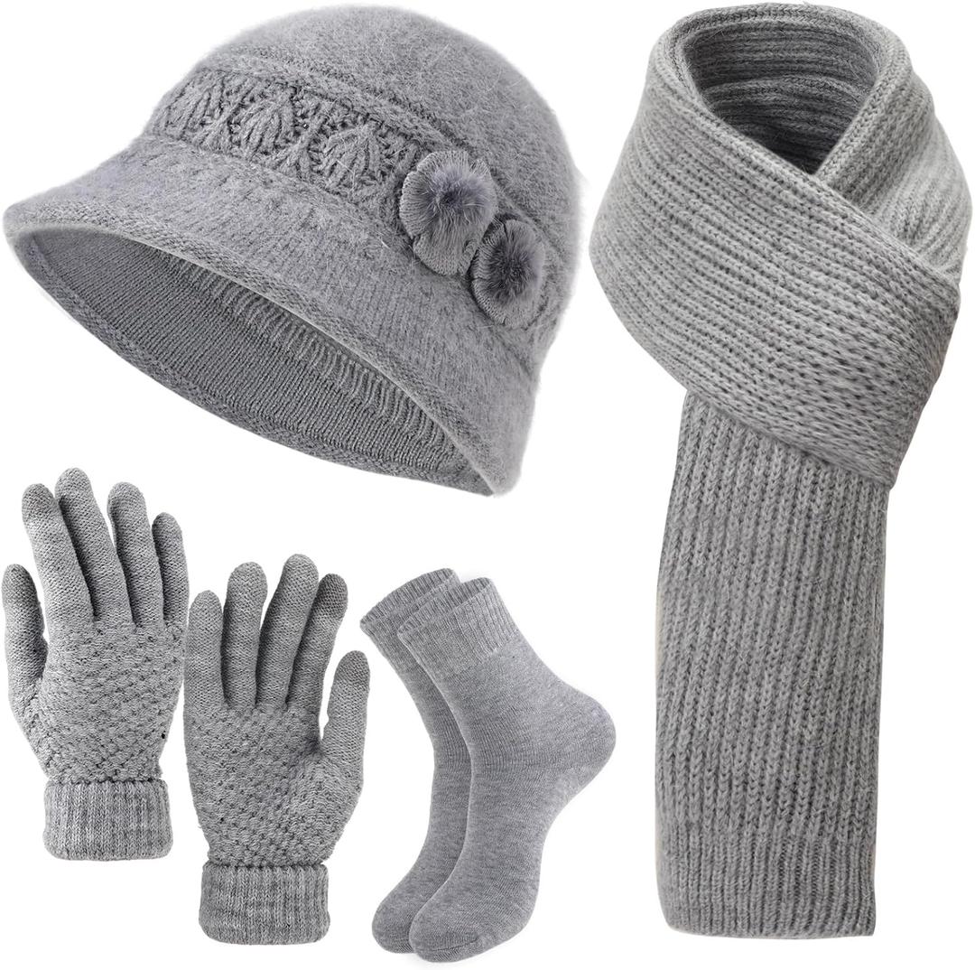 Women Beanie Hat Scarf Gloves Socks Winter Set, Warm Fleece Lined Hat Knit Scarf Touchscreen Gloves Socks 4 Gift Set (Gray)