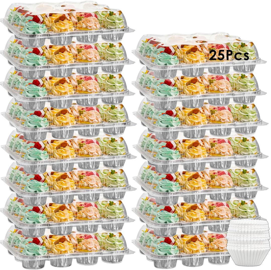 (12 Pack x 25 Sets) Stackable Cupcake Carrier with 300 Pack Cupcake Liners, Plastic Cupcake Boxes Holders for 12 Cupcakes, Cupcake Containers, Clear Disposable Cupcake Trays
